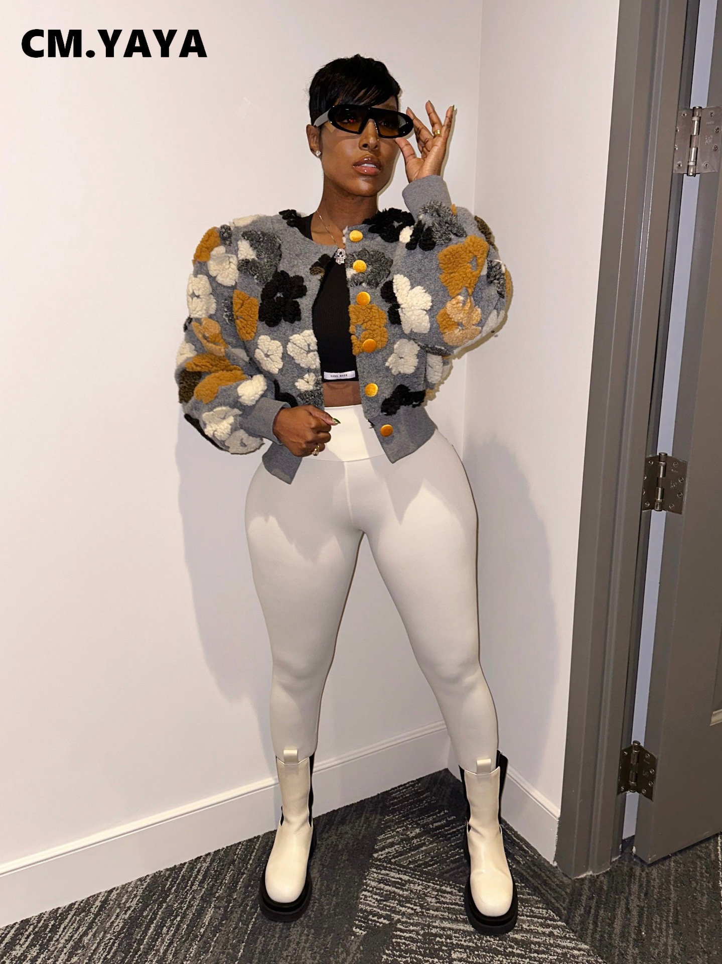 CM.YAYA Elegant Women Button Front Floral Appliques Long Sleeve Jacket Thick Warm INS 2022 Winter Streetwear Fashion Outwear